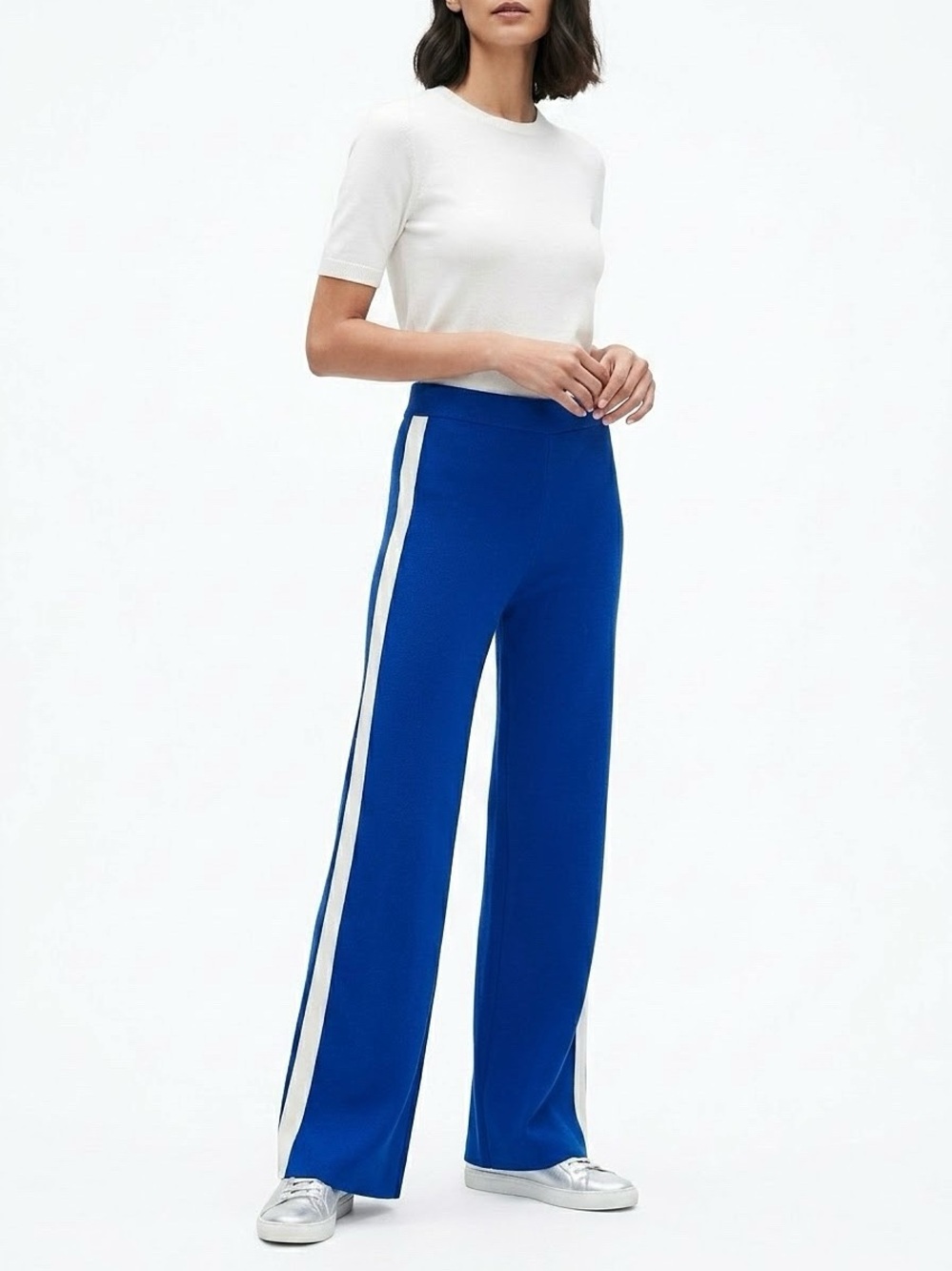 ST. JOHN 100% Wool Knit Wide Leg Pants Royal Blue Cream Side Stripe Size L - Picture 11 of 11